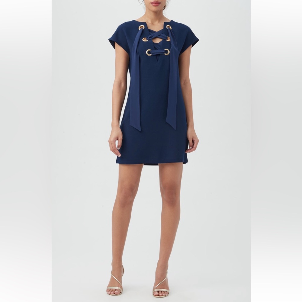 Trina Turk Orlando Cap Sleeve Lace-Up Shift Dress Navy/Gold Womens Size Small